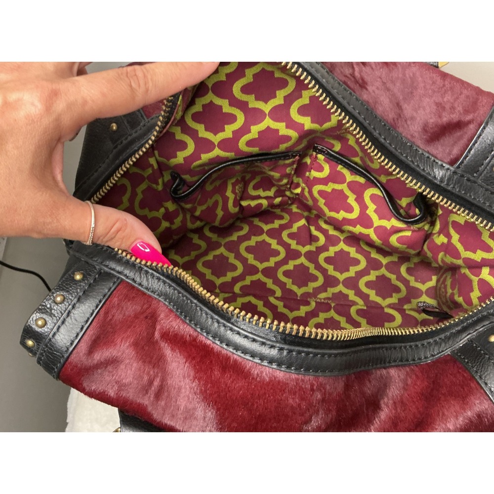 OrYANY Burgundy Cow Hair and Black Leather Studded Satchel Handbag Gold Hardware - Picture 8 of 10